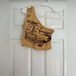 Tan One-Shoulder Graphic Crop Top